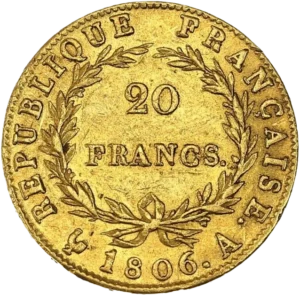 L'inscription 20 FRANCS dans une couronne formée de deux branches de laurier.