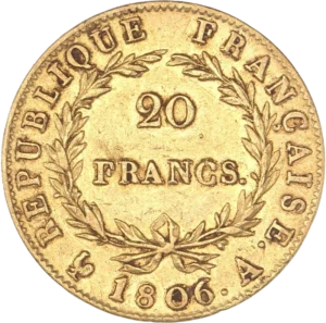 L'inscription 20 FRANCS dans une couronne formée de deux branches de laurier.