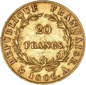 L'inscription 20 FRANCS dans une couronne formée de deux branches de laurier.