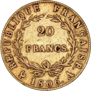 L'inscription 20 FRANCS dans une couronne formée de deux branches de laurier.