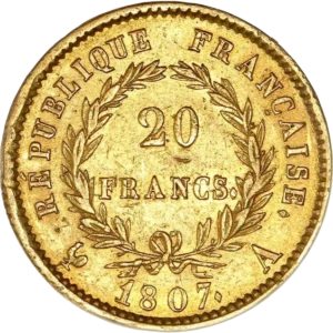 L'inscription 20 FRANCS dans une couronne formée de deux branches de laurier.