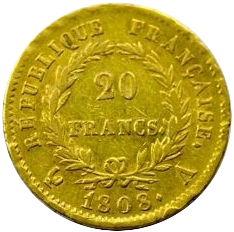 L'inscription 20 FRANCS dans une couronne formée de deux branches de laurier.