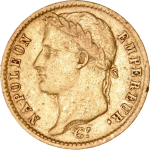 Tête laurée de Napoléon Ier à gauche.