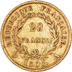 L'inscription 20 FRANCS dans une couronne formée de deux branches de laurier.