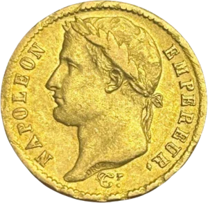 Tête laurée de Napoléon Ier à gauche.