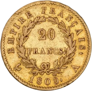 L'inscription 20 FRANCS dans une couronne formée de deux branches de laurier.