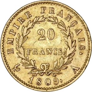 L'inscription 20 FRANCS dans une couronne formée de deux branches de laurier.