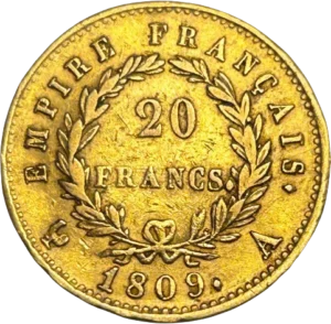 Tête laurée de Napoléon Ier à gauche.