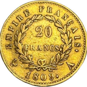 Tête laurée de Napoléon Ier à gauche.