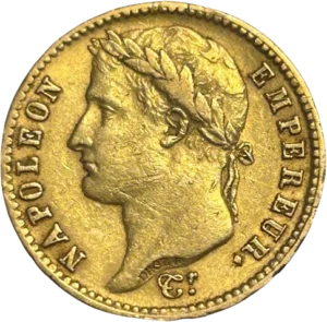 L'inscription 20 FRANCS dans une couronne formée de deux branches de laurier.