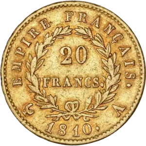 L'inscription 20 FRANCS dans une couronne formée de deux branches de laurier.