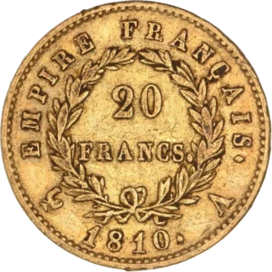 L'inscription 20 FRANCS dans une couronne formée de deux branches de laurier.