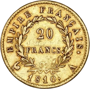 L'inscription 20 FRANCS dans une couronne formée de deux branches de laurier.
