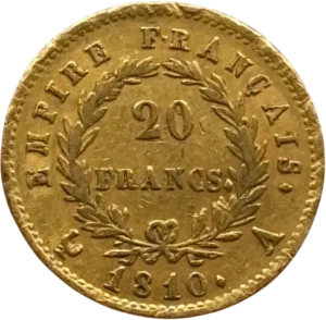 L'inscription 20 FRANCS dans une couronne formée de deux branches de laurier.