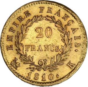 L'inscription 20 FRANCS dans une couronne formée de deux branches de laurier.
