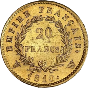 L'inscription 20 FRANCS dans une couronne formée de deux branches de laurier.