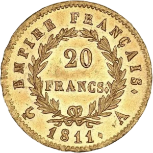 L'inscription 20 FRANCS dans une couronne formée de deux branches de laurier.