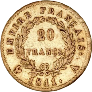L'inscription 20 FRANCS dans une couronne formée de deux branches de laurier.