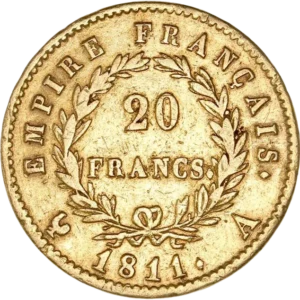 Tête laurée de Napoléon Ier à gauche.