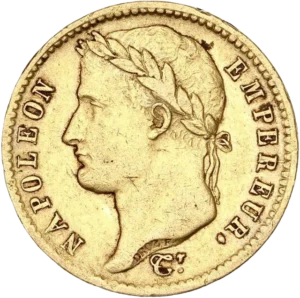 Tête laurée de Napoléon Ier à gauche.