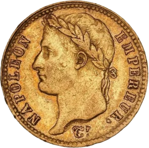 Tête laurée de Napoléon Ier à gauche.