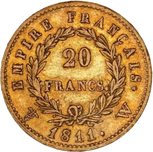 L'inscription 20 FRANCS dans une couronne formée de deux branches de laurier.