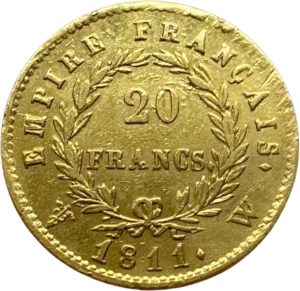 L'inscription 20 FRANCS dans une couronne formée de deux branches de laurier.