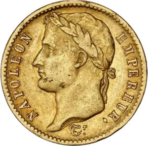 Tête laurée de Napoléon Ier à gauche.