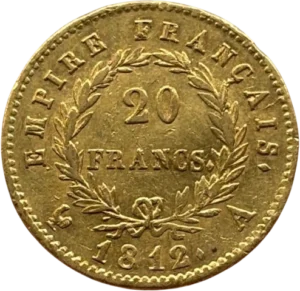 L'inscription 20 FRANCS dans une couronne formée de deux branches de laurier.