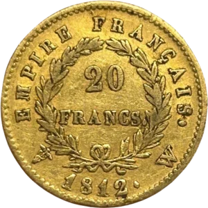 L'inscription 20 FRANCS dans une couronne formée de deux branches de laurier.