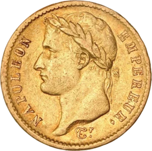 Tête laurée de Napoléon Ier à gauche.