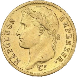 Tête laurée de Napoléon Ier à gauche.