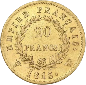L'inscription 20 FRANCS dans une couronne formée de deux branches de laurier.