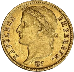 Tête laurée de Napoléon Ier à gauche.