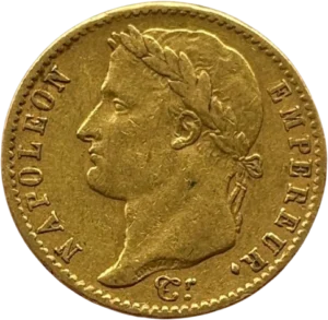 Tête laurée de Napoléon Ier à gauche.