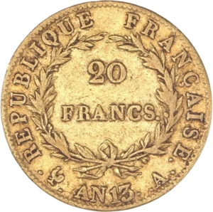 L'inscription 20 FRANCS dans une couronne formée de deux branches de laurier.