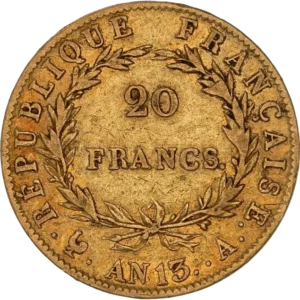 L'inscription 20 FRANCS dans une couronne formée de deux branches de laurier.