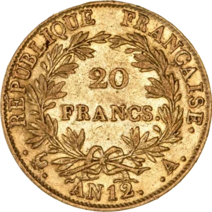L'inscription 20 FRANCS dans une couronne formée de deux branches de laurier.