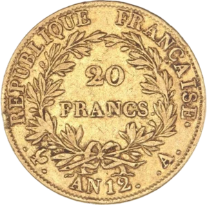 L'inscription 20 FRANCS dans une couronne formée de deux branches de laurier.
