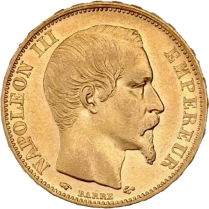 20 francs 1858 dans une couronne de laurier.