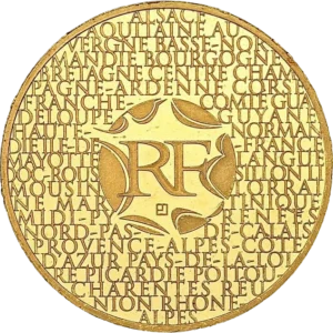 Les 27 régions en spirale autour de la carte de France portant le sigle RF.