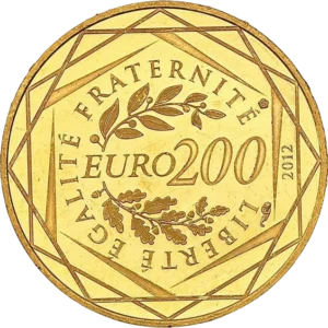 200€ entouré de 2 branches de chêne et laurier, évoquant le sigle de l’Euro /inscription « Liberté Egalité Fraternité » et assemblage de traits représentant l’hexagon