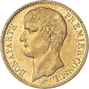Tête de Napoléon Bonaparte, premier consul, à gauche.