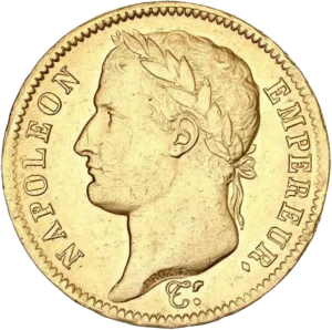 Tête laurée de Napoléon Ier à gauche.