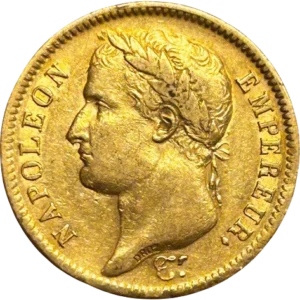 Tête laurée de Napoléon Ier à gauche.