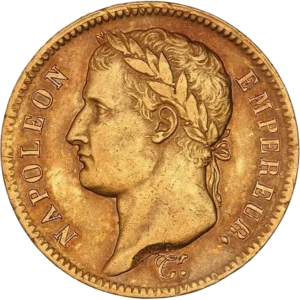 Tête laurée de Napoléon Ier à gauche.