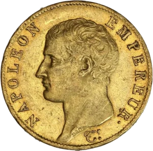 Tête laurée de Napoléon Ier à gauche.