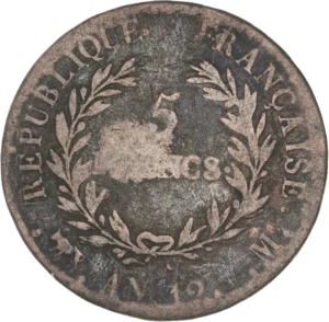 5 francs dans une couronne de laurier.