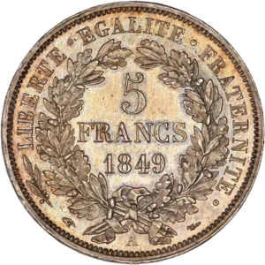 L'inscription "5 francs 1849" entouré d'une couronne de laurier et de chêne.