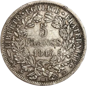 L'inscription "5 francs 1849" dans une couronne végétale.